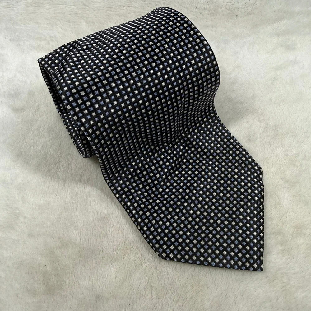 Tommy Hilfiger Mens Silk Tie Navy Blue Silver Geometric Grid Classic Necktie
